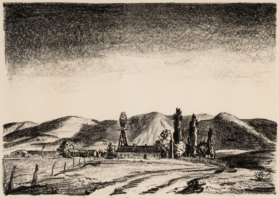 PETER HURD (1904-1984) TRIAL STATE SIGNED LITHOGRAPH: Peter Hurd (1904-1984) A Ranch Headquarters near Picacho 1936 The trial proof lithograph is signed by the artist in pencil below the image lower right and titled lower left. No information on a publis