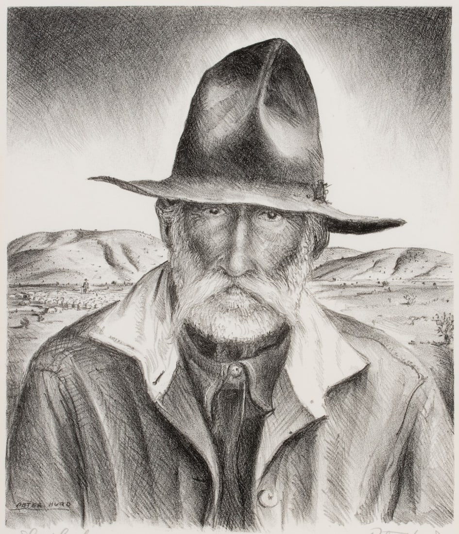 PETER HURD (1904-1984) PENCIL SIGNED AAA LITHOGRAPH: Peter Hurd (1904-1984) Sheep Herder 1937 The lithograph from an edition of 250 prints published by Associated American Artists is signed by the artist in pencil below the image lower right and titled