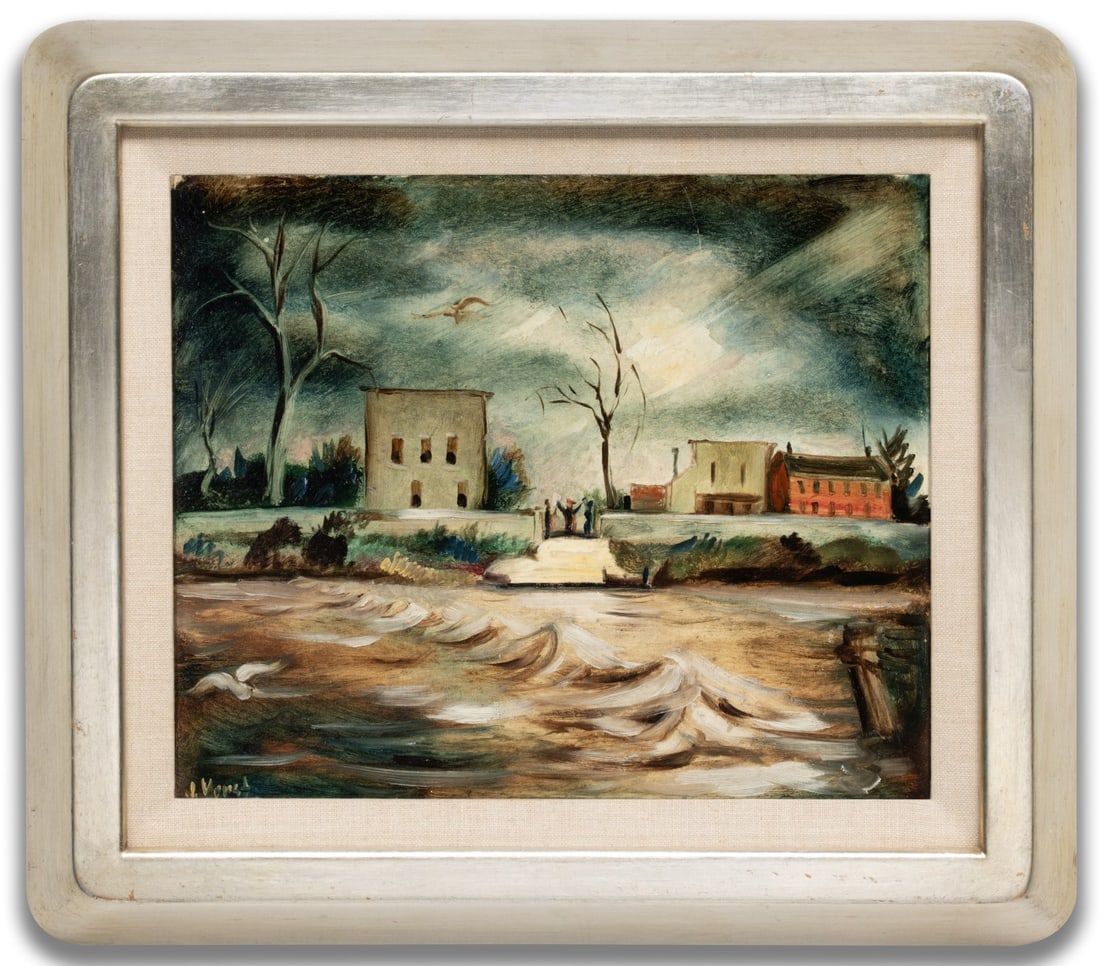 JOSEPH VORST (1897-1947) OIL ON MASONITE: Joseph P. Vorst (1897-1947) River Landing The oil on canvas view across a turbulent river is signed lower left. Like Grant Wood, Thomas Hart Benton and John Steuart Curry, Joseph Vorst became a key fi