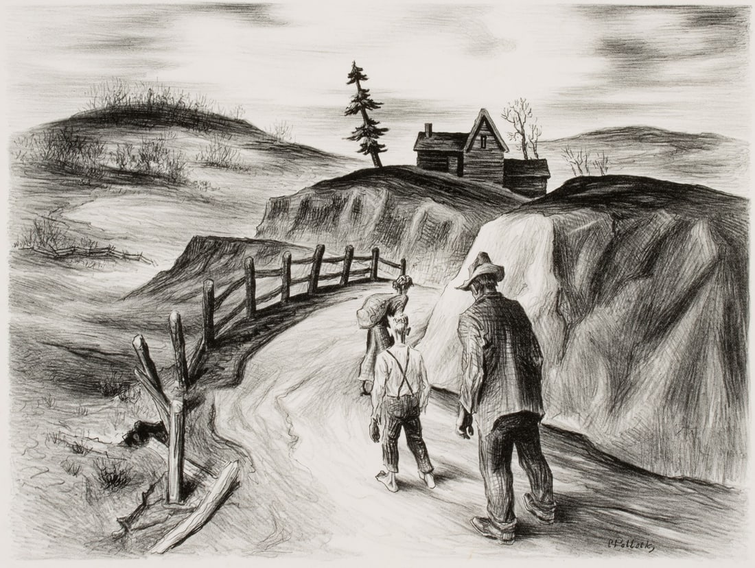 CHARLES POLLOCK (1902-1988) RARE 1939 WPA LITHOGRAPH: Charles Cecil Pollock (1902-1988) The Road Home 1939 The stone lithograph from Pollock's social realist period, printed under the auspices of the Michigan WPA, is signed within the stone lower right.