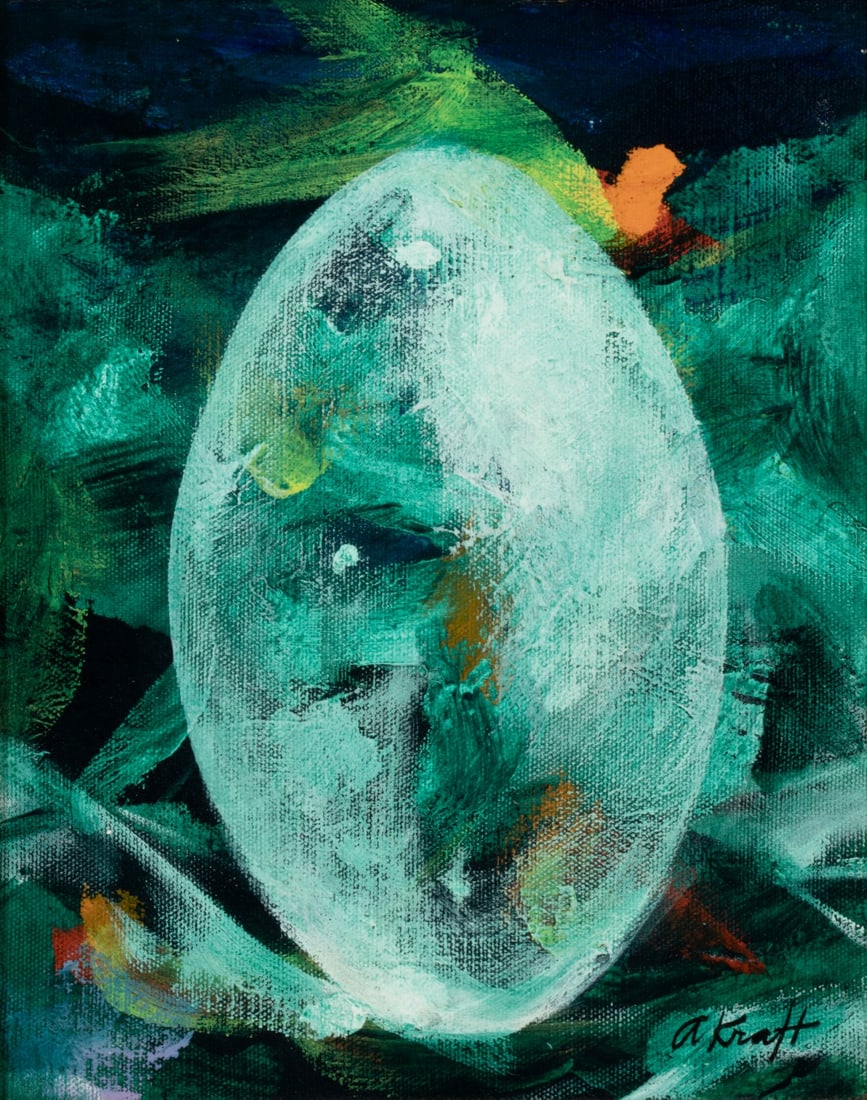 ARTHUR KRAFT (1922-1977) OIL ON CANVAS: Arthur M. Kraft (1922-1977) Emerald Egg Circa 1971 The expressionist period work is signed lower right, titled verso embellished with various exhibition labels, period correspondence and inscriptions 