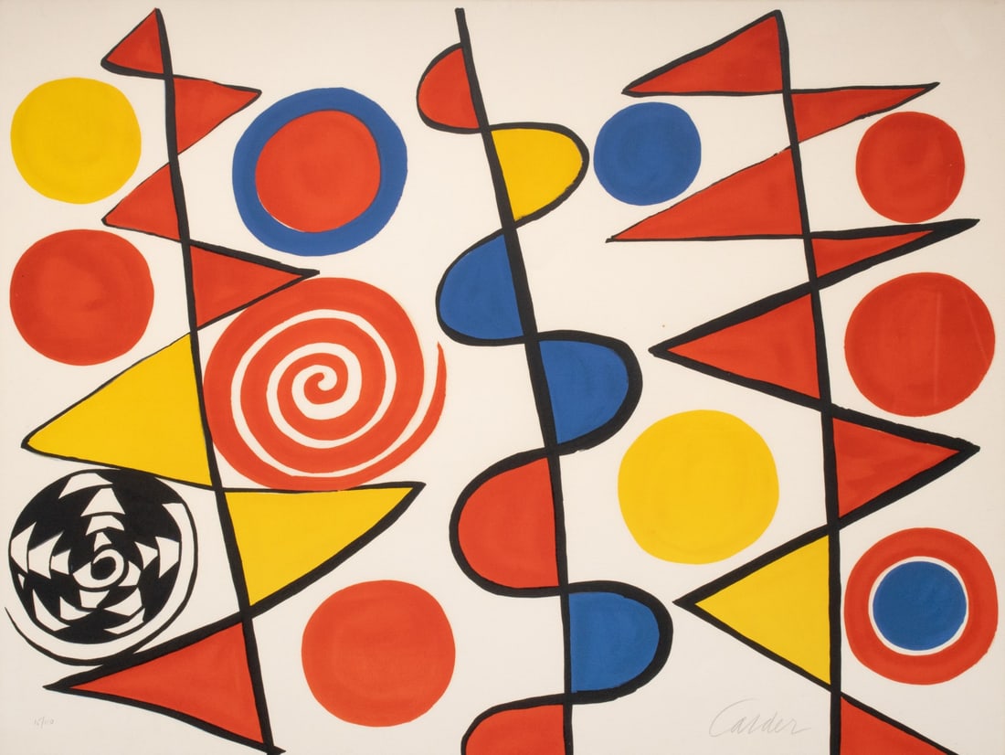 ALEXANDER CALDER (1898-1976) 1965 LITHOGRAPH IN COLORS: Alexander Calder (1898-1976) Pennants 1965 The exuberant composition of pennants, spirals, and circles is signed by the artist in pencil lower right and numbered lower left. Sheet measures 23 x 30.25