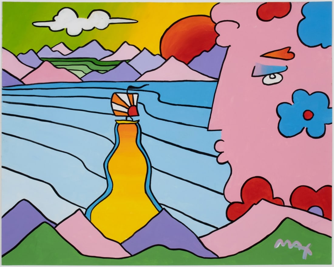 PETER MAX (BORN 1937) ACRYLIC ON PAPER: Peter Max (Born 1937) Untitled (Face and Boat) Late 20th Century The work of acrylics on paper is signed lower right front. There is no MAX number on this work. It may not be an original Peter Max. Sh