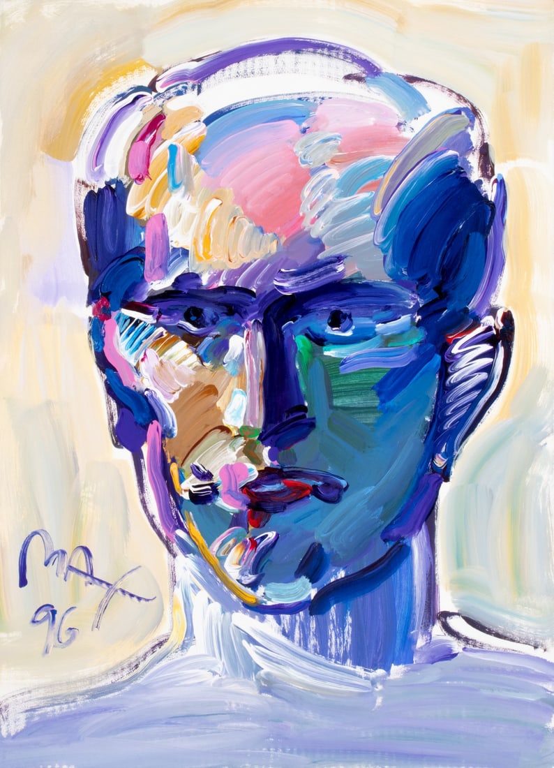 PETER MAX (B. 1937) ORIGINAL ACRYLIC PAINTING ON PAPER: Peter Max (Born 1937) Portrait of a Man 1996 THIS WORK IS INSCRIBED IN THE BACK SIDE MOUNT: MAX # 28381 and the title is HEAD VER. I #2, further inscribed I. C. 88456. The original painting on paper i