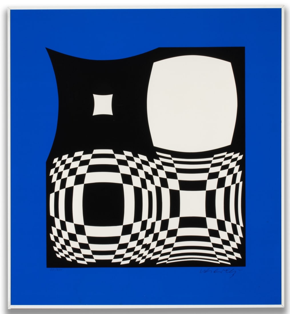 VICTOR VASARELY (1906-1997) PENCIL SIGNED SERIGRAPH: Victor Vasarely (1906-1997) Japet BW/Blue 1989 The serigraph in colors is signed by the artist in pencil lower right and numbered 231 from the edition of 250 lower left. Overall framed size measures 2