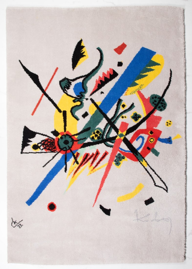 LATE 20C. WOOL RUG AFTER WASSILY KANDINSKY: The wool rug with design taken from Kandinsky's Small Worlds portfolio of 1922 was made in Denmark circa 1980. Measures 80 x 55 inches. Without proof of exemption, be aware that internet sales tax app