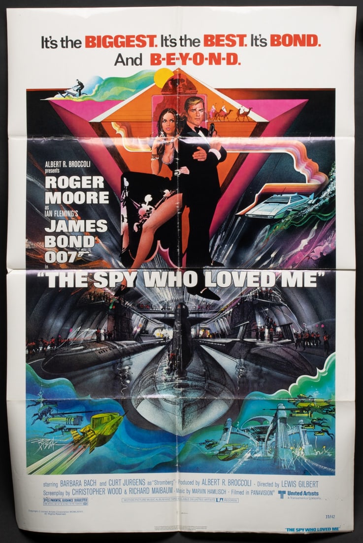 A COLLECTION OF SEVEN ORIGINAL JAMES BOND MOVIE POSTERS: The six eight-fold posters are offered with a large 24-fold as shown. The largest measures 40.5 x 75.5 inches. Without proof of exemption, be aware that internet sales tax applies to all Internet tran