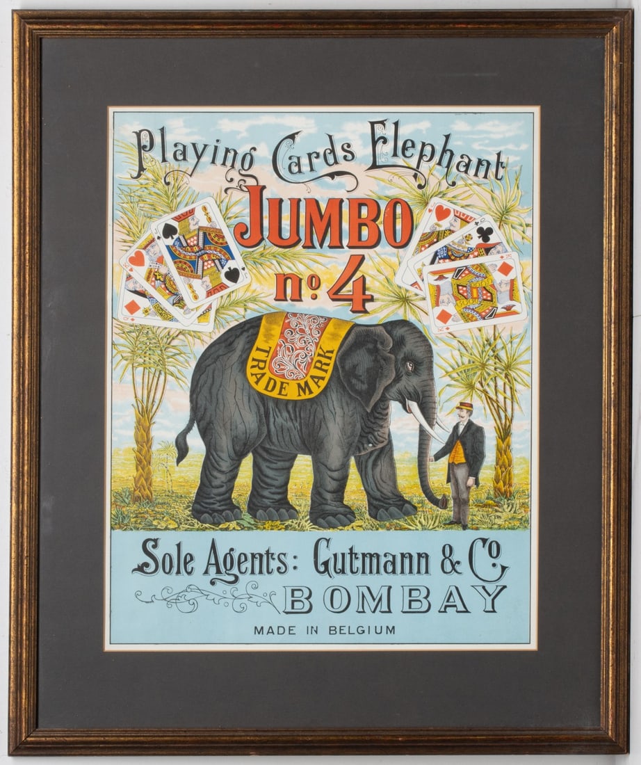 JUMBO NO. 4 PLAYING CARDS LITHO ON PAPER ADVTG SIGN: The brilliantly colored and near mint lithograph on paper sign has a sight size of 19 x 15 inches and overall framed size of 27 x 22. Measures 27 x 22 overall. Without proof of exemption, be aware tha