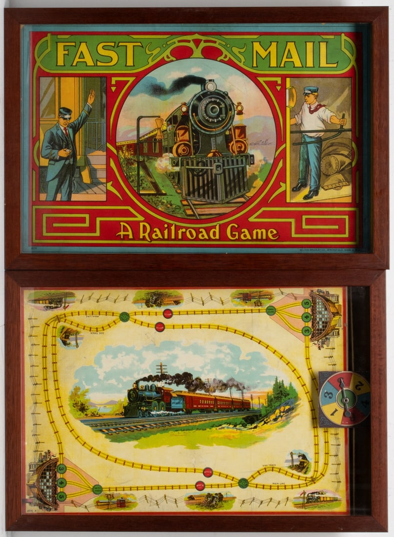 MILTON BRADLEY 'FAST MAIL' BOARD GAME IN SHADOWBOX: The early 20th century game board with spinner and game pieces is displayed in two high quality shadowbox frames. Measures approximately 15 x 22 framed. Without proof of exemption, be aware that inter