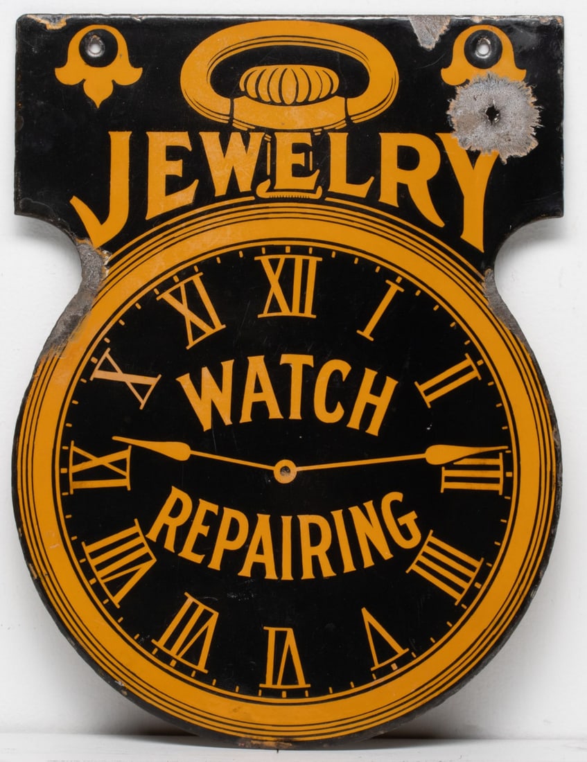 JEWELRY & WATCH REPAIRING PORCELAIN ENAMEL SIGN: Two sided die-cut porcelain enamel. Measures 15 x 11 inches. Without proof of exemption, be aware that internet sales tax applies to all Internet transactions and local sales tax may apply to local pi