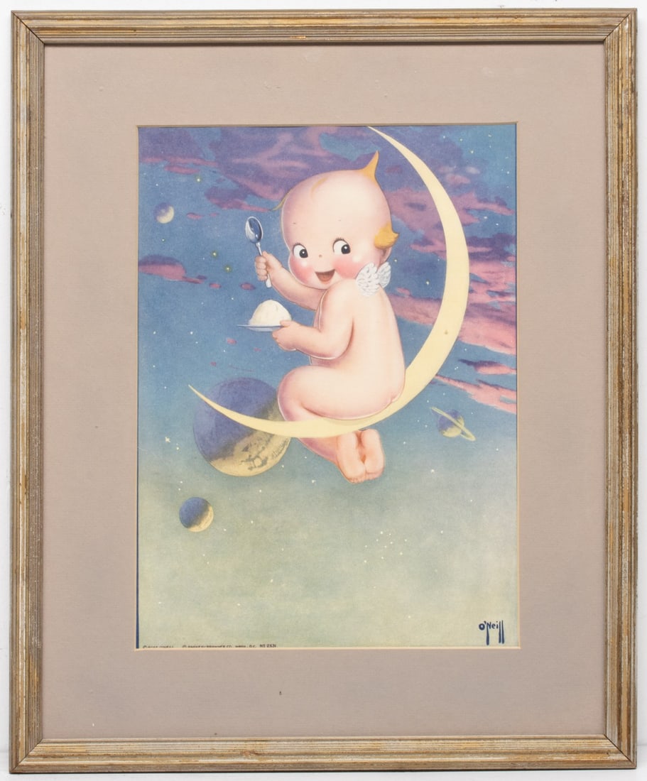 KEWPIE ICE CREAM PROMOTIONAL PRINT SIGNED O'NEIL: The image of a Kewpie character enjoying ice cream on the moon was printed by Parker-Brawner Co. Washington D.C. who was known to produce advertising for Hoffman Ice Cream which was licensed to use Ro