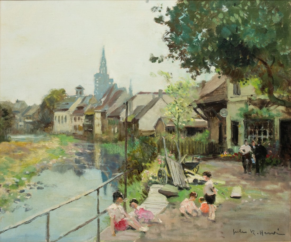 JULES HERVE (1887-1981) OIL ON CANVAS: Jules Rene Herve (France, 1887-1981) Village in Alsace Signed lower right. Canvas measures 18 x 22 with a framed size of 25 x 28.25 inches. Without proof of exemption, be aware that internet sales tax