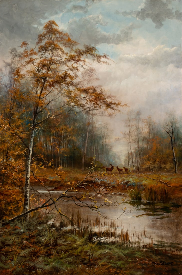 CHARLES STUART (1854-1904) OIL ON CANVAS: Charles Stuart (1854-1904) Untitled (Stag and Doe in Landscape) Late 19th Century The nicely framed late 19th century oil on canvas is signed lower right front. Canvas measures 36 x 24 with a framed s