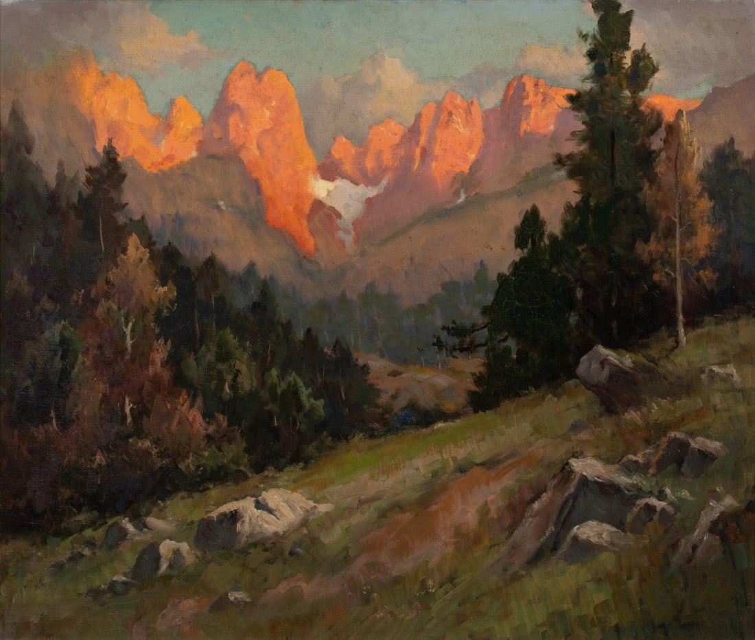 HENRY RICHTER (1870-1960) OIL ON CANVAS: Henry Leopold Richter (1870-1960) Glow on the Dolomites Unsigned, attributed to the artist and titled verso with a label. Canvas measures 22 x 26 with a framed size of 28.5 x 32.5 inches. Without proo