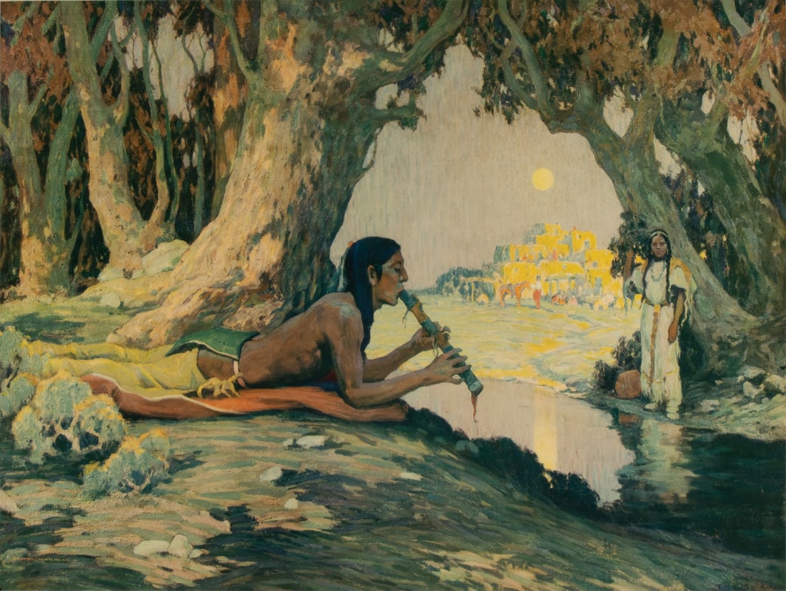 AFTER EANGER COUSE (1866-1936) CHROMOLITHOGRAPH: Eanger Irving Couse (1866-1936) The Flute Serenade 1930 The rare and high quality chromolithography reproduction AFTER Couse is published by Campbell Prints Inc. Sight size measures 19.25 x 25.5 with