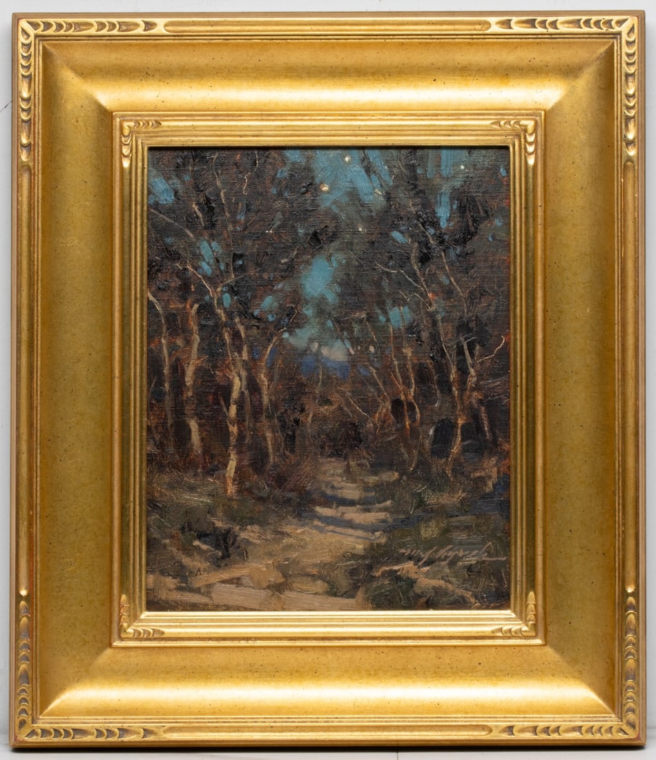 MICHAEL LYNCH (B. 1950) OIL ON LINEN: Michael J. Lynch (Colorado, Born 1950) Moonlit Aspen 2006 signed lower right, signed again, titled and dated verso on the frame liner. Linen mount on board measures 14 x 11, the frame is 21.5 x 18.75