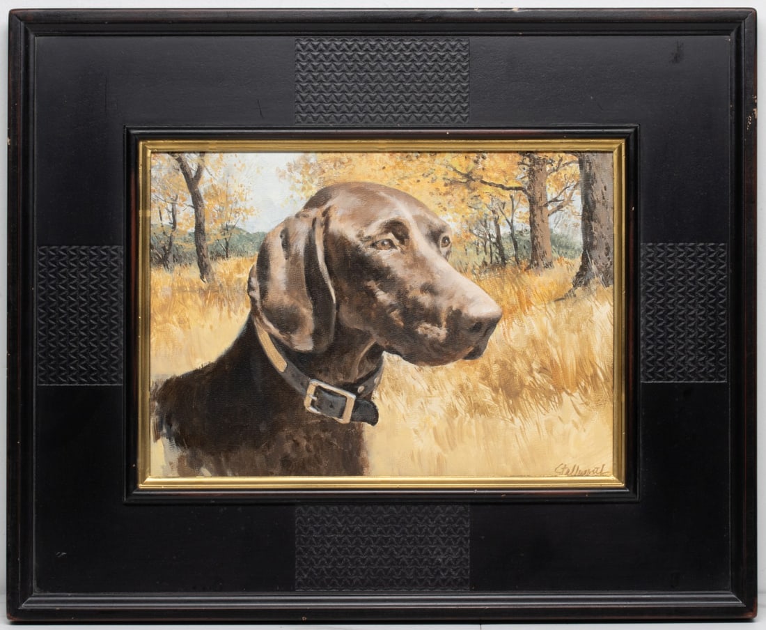 HENRY STALLWORTH (B. 1924) OIL ON ARTIST'S BOARD: Henry David Stallworth (Texas, 1924-) Portrait of a Chocolate Lab signed lower right. Board measures 10 x 14, frame size 17.5 x 21.5 inches. Without proof of exemption, be aware that internet sales ta