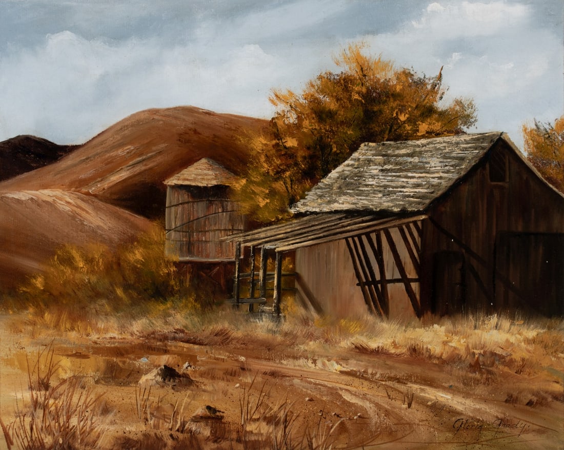 GLORIA GRADY (1940-2015) OIL ON CANVAS: Gloria Grady (Kansas, 1940-2015) Old Barn Signed lower right. Canvas measures 16 x 20 with a framed size of 24 x 28 inches. Without proof of exemption, be aware that internet sales tax applies to all 
