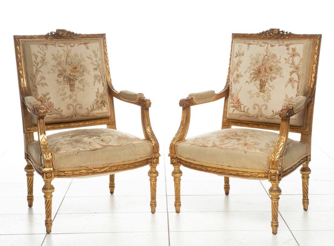 A PAIR LOUIS XVI STYLE GILTWOOD FAUTEUILS WITH TAPESTRY (1 of 2)