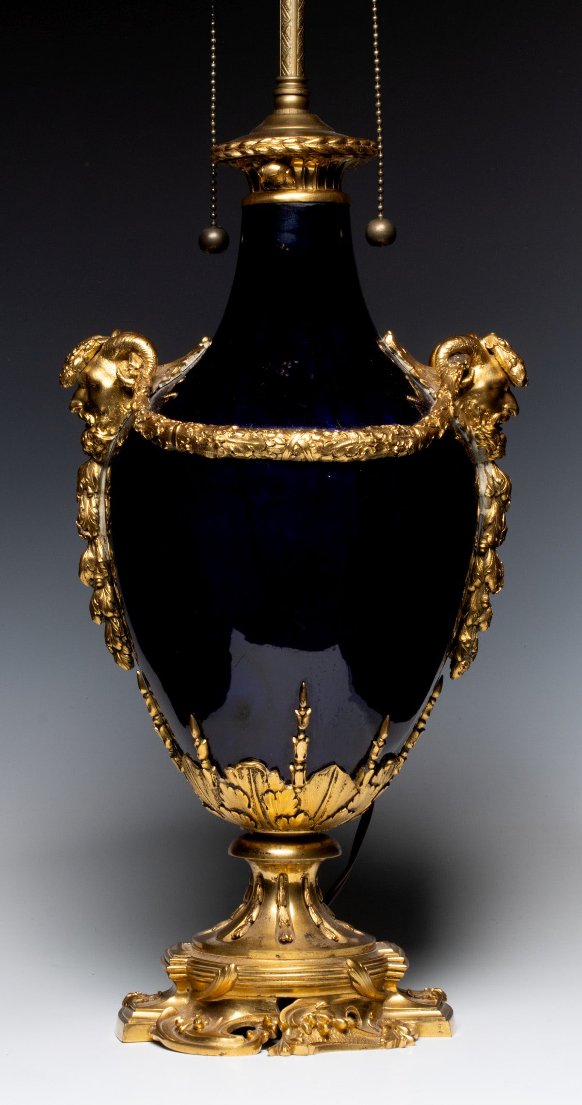 A FINE GILT BRONZE MOUNTED AND COBALT PORCELAIN LAMP (1 of 3)