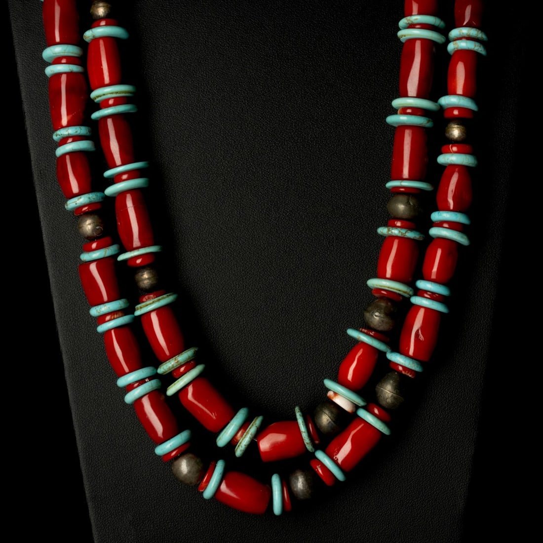 A NAVAJO SILVER, CORAL AND TURQUOISE NECKLACE (1 of 9)