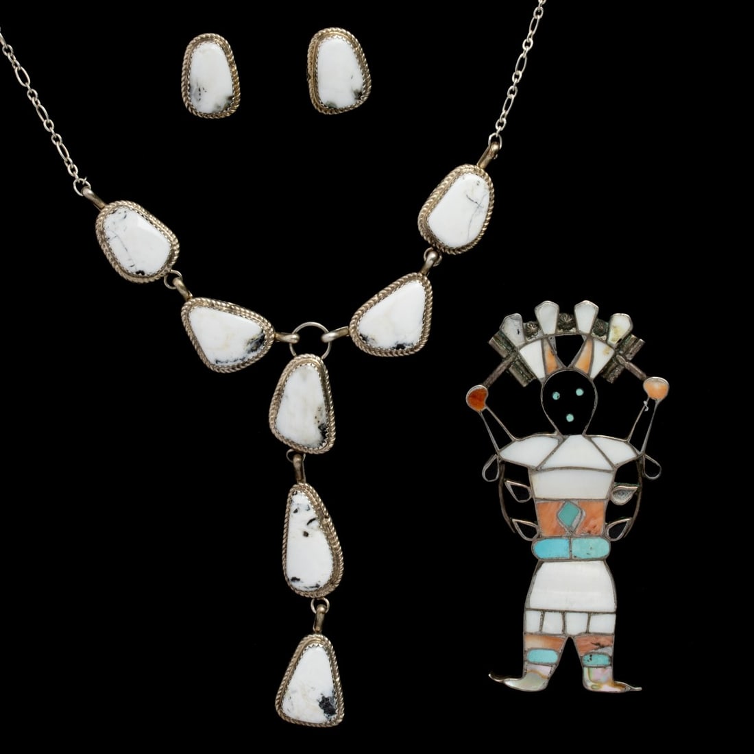 JOHN BEGAY NAVAJO AND UNSIGNED ZUNI STERLING JEWELRY: The necklace and earrings stamped sterling and JB are accompanied by a Zuni inlaid figural pin. Necklace length is 20.5 with a 4 drop. Earrings are 0.75 inches. Pendant is 3.75 x 2 inches. Total weigh