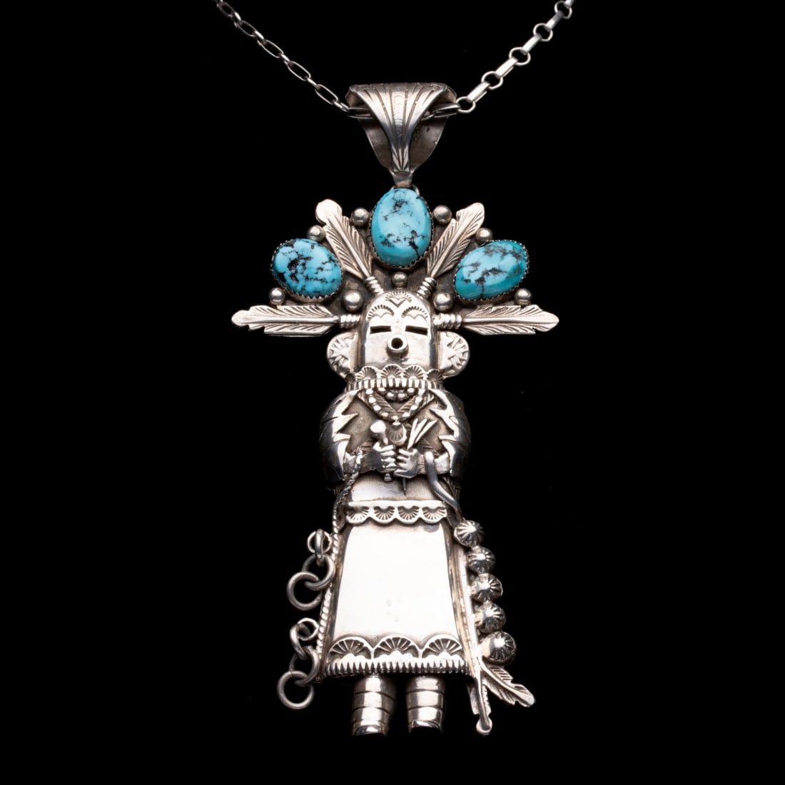 A NAVAJO STER & TURQUOISE KACHINA PENDANT SIGNED BITSIE (1 of 2)