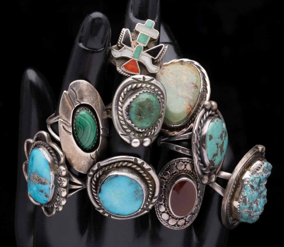 STERLING SILVER RINGS WITH TURQUOISE AND OTHER STONES: Nine sterling rings with turquoise and other semi-precious. Ring sizes 5 to 9, total weight 2.49 ozt. Without proof of exemption, be aware that internet sales tax applies to all Internet transactions