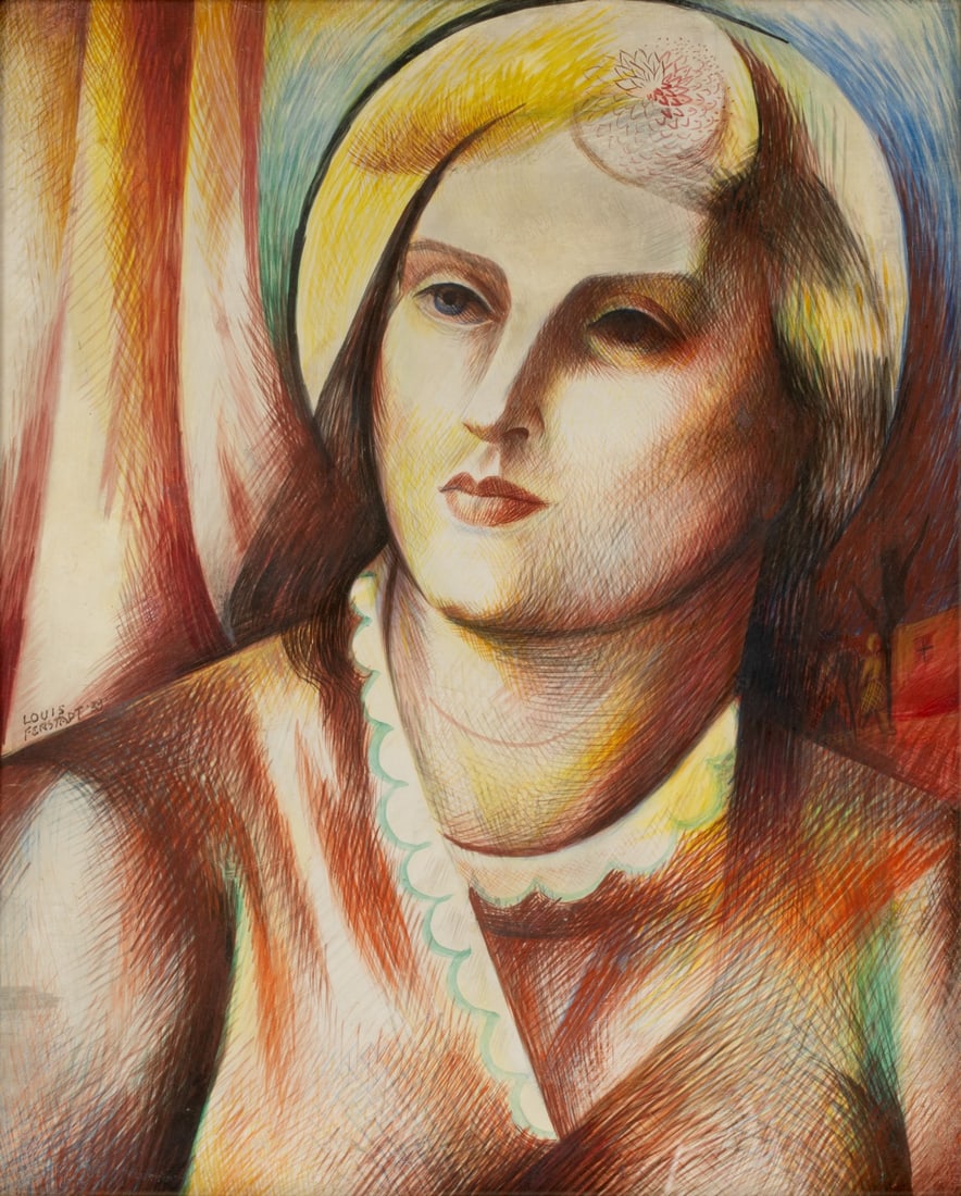 LOUIS FERSTADT (1900-1954) WPA ARTIST, EGG TEMPERA: Louis Ferstadt (1900-1954) Young Woman 1938 The stylized portrait with distant figures is painted in egg tempera on smooth Masonite and signed within the image left side. The work is titled on the fra