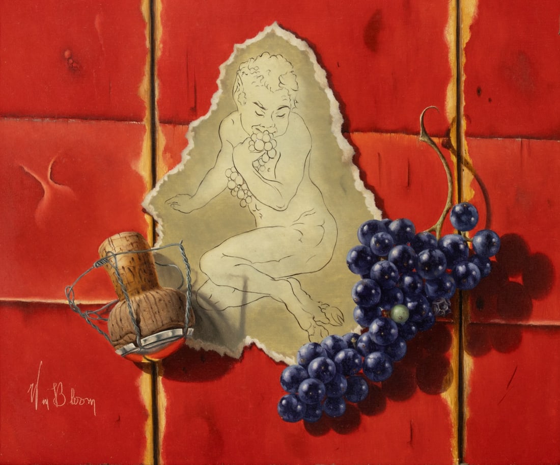 WILLIAM BLOOM (B. 1935) TROMPE-L'OEIL OIL ON BOARD: William Bloom (Born 1935 Fruit of the Vine Third quarter of the 20th century. The fine example of painting in a way that 'fools the eye' is signed lower left and titled verso. The French word for this