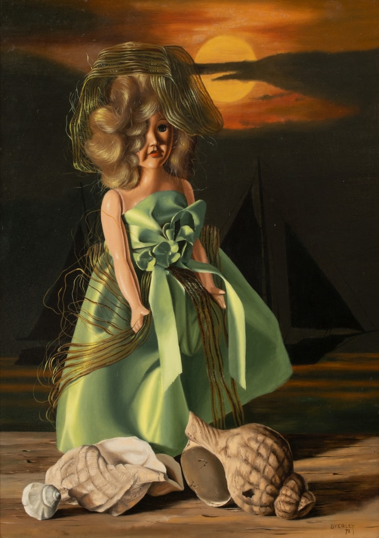BOB BYERLEY (1941-2019) MAGIC REALISM OIL ON BOARD: Bob Byerley (1941-2019 ) Untitled (Doll and Shells Seaside) 1971 The classic Byerley work of precisely rendered realism in an unreal vein of magic realism is signed and dated lower right front. Board