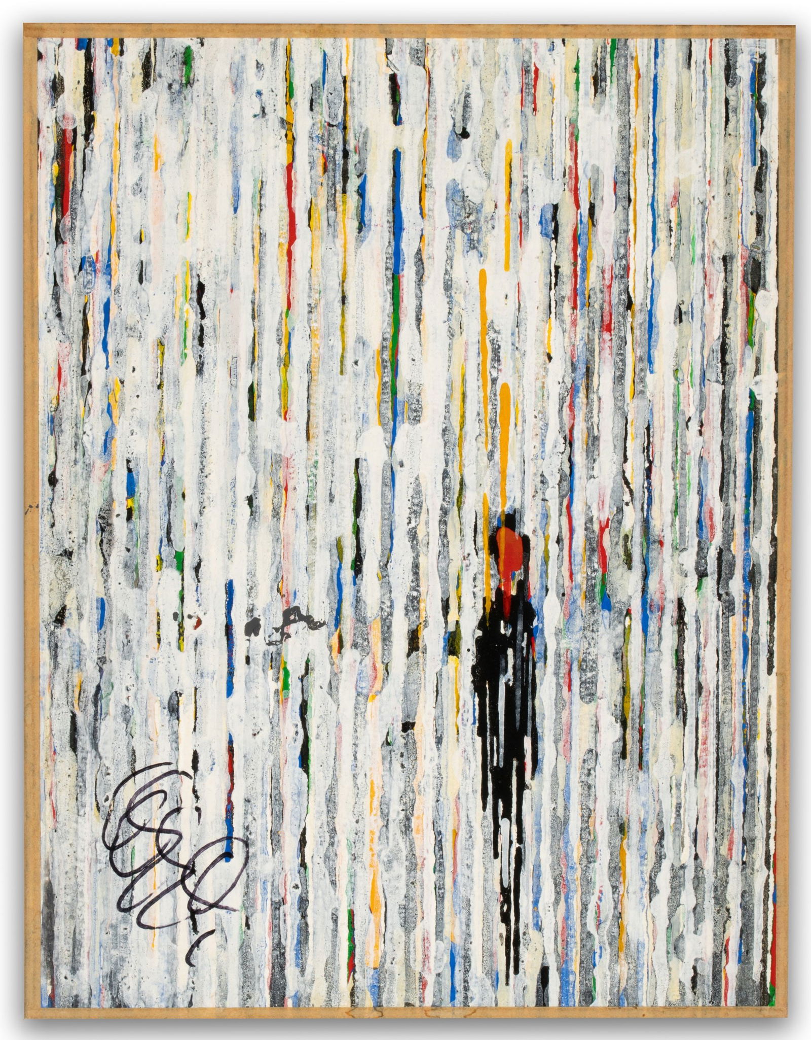 JOAQUIN FERRER (1928-2022) OIL ON BOARD: Joaquin Ferrer (1928-2022) Ppeerrssoonnaaggee 1998 The work of vertical striations, reminiscent of rain and rhythm, is signed front and again verso near the date and title. Joaquin Ferrer was a Cuban-