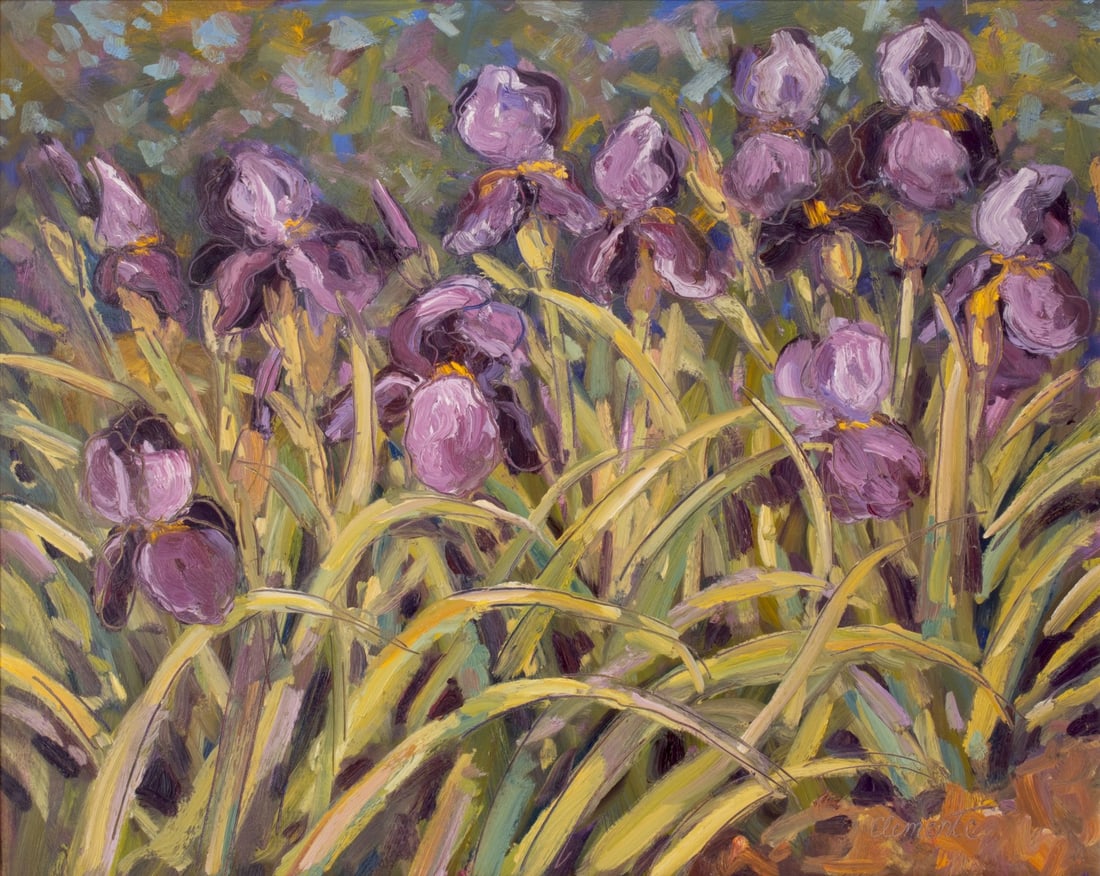 DEBRA CLEMENTE (LAWRENCE KS 20th/21st C.) OIL ON BOARD: Debra Clemente Iris Path Early 21st Century The oil on board is signed lower left. Ms. Clements is a Lawrence, Kansas based author and painter whose work has been included in more than 30 juried exhib