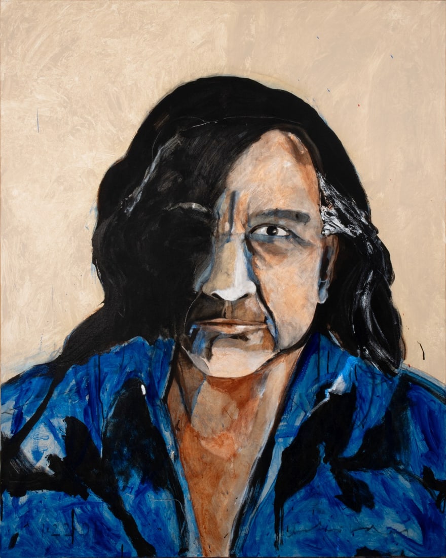 FRITZ SCHOLDER (1937-2005) SELF PORTRAIT 60 x 57 INCHES: Fritz Scholder (1937-2005) Self Portrait 2001 The poignant image is almost entirely free of context or embellishment, save the dividing of the face with the right half being obscured, and the left con