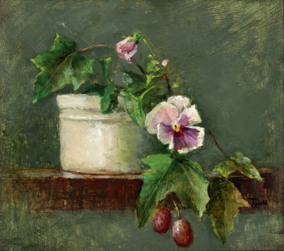 MARY E. RUSSELL (BORN 1947) OIL ON PANEL: Mary E. Russell (Oklahoma, Born 1947) Pansy and Ivy 1997 The quiet little still life, diffused with an almost ethereal sense of light and atmosphere, is signed lower right and again verso near the dat