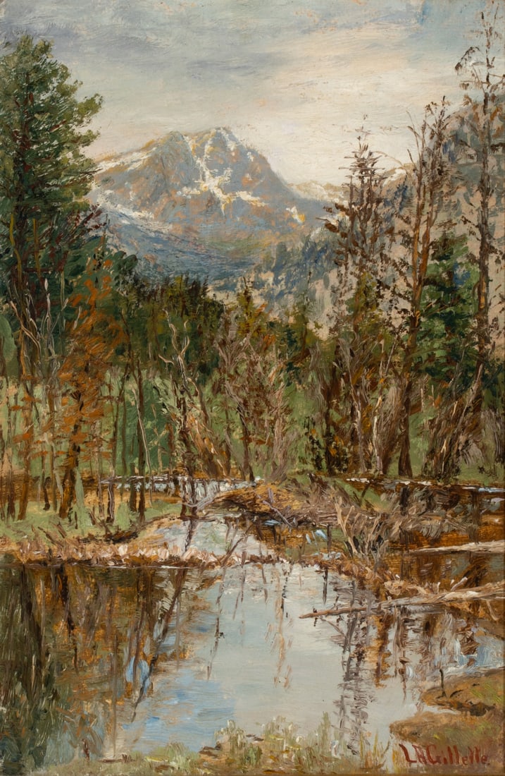 LESTER A. GILLETTE (1855-1940) OIL ON ARTIST'S BOARD: Lester A. Gillette (1855-1940) Beaver Dam and Mt. Ypselon Circa 1917 Signed lower right, signed again and titled verso on the board in pencil. Lester Gillette was a lumberman turned artist who painted