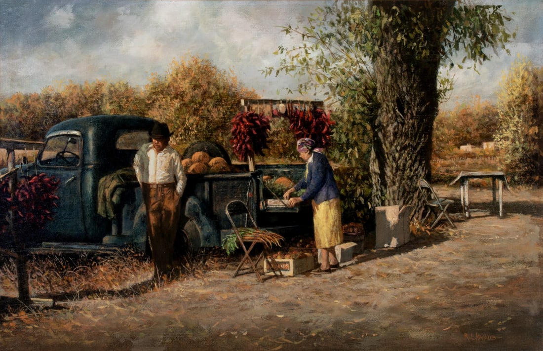 RAYMOND KNAUB (BORN 1940) 'TAOS MARKET' OIL ON CANVAS: Raymond L. Knaub (Born 1940) Taos Market Late 20th/Early 21st Century The scene of vendors in a 'Taos Market' lit by a low sun just above the horizon is signed lower right front. Their 1950s pick-up i