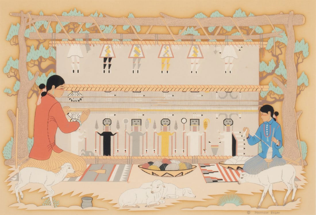HARRISON BEGAY (1914-2012) PENCIL SIGNED SERIGRAPH: Harrison (Haskay Yahne Yah) Begay (1914-2012) The Weavers (a.k.a. Navajo mother and daughter weaving) Circa 1952 The serigraph is signed by the artist in pencil within the image lower right. Image mea