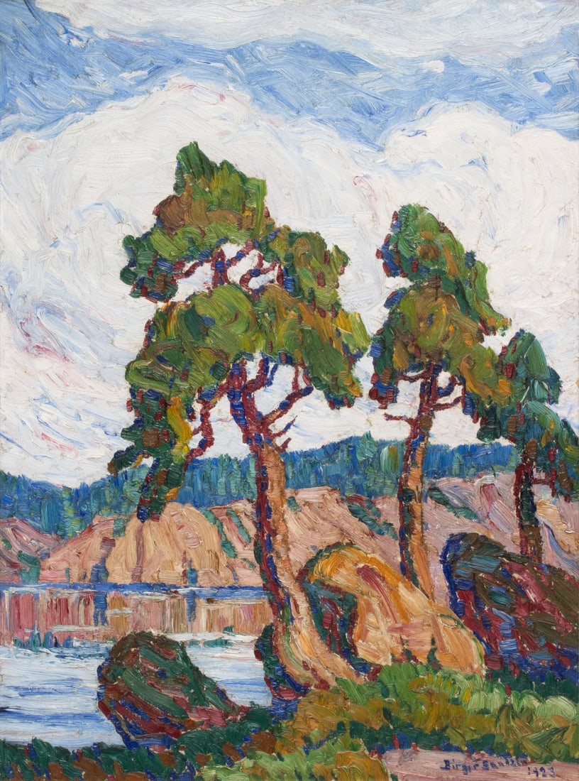 BIRGER SANDZEN (1871-1954) OIL ON ARTIST'S BOARD 1923: Birger Sandzen (Kansas, 1871-1954) Pines by the Lake, Estes Park 1923 The Rocky Mountain landscape with wind-worn pines beside a sub-alpine lake in Estes Park is signed lower right front; titled, date