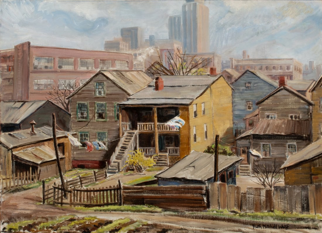 RUTH MITCHELL WOLFF (1896-1967) OIL ON CANVAS: Ruth Mitchell Wolff (1896-1967) Untitled (Old Yellow House) Circa 1940. The view of weathered clapboard houses below modern skyscrapers is signed lower right front. A very similar composition titled O