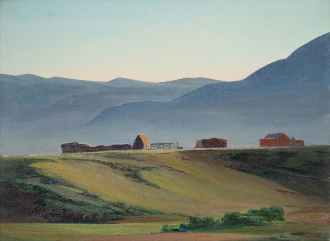 RAYMOND EASTWOOD (1898-1987) UNUSUAL SOUTHWEST VIEW: Raymond J. Eastwood (1898-1987) Sheep Ranch on the Mesa Third quarter of the 20th century. The unusual Southwest landscape, apparently the first of its type to appear at auction, according to all majo