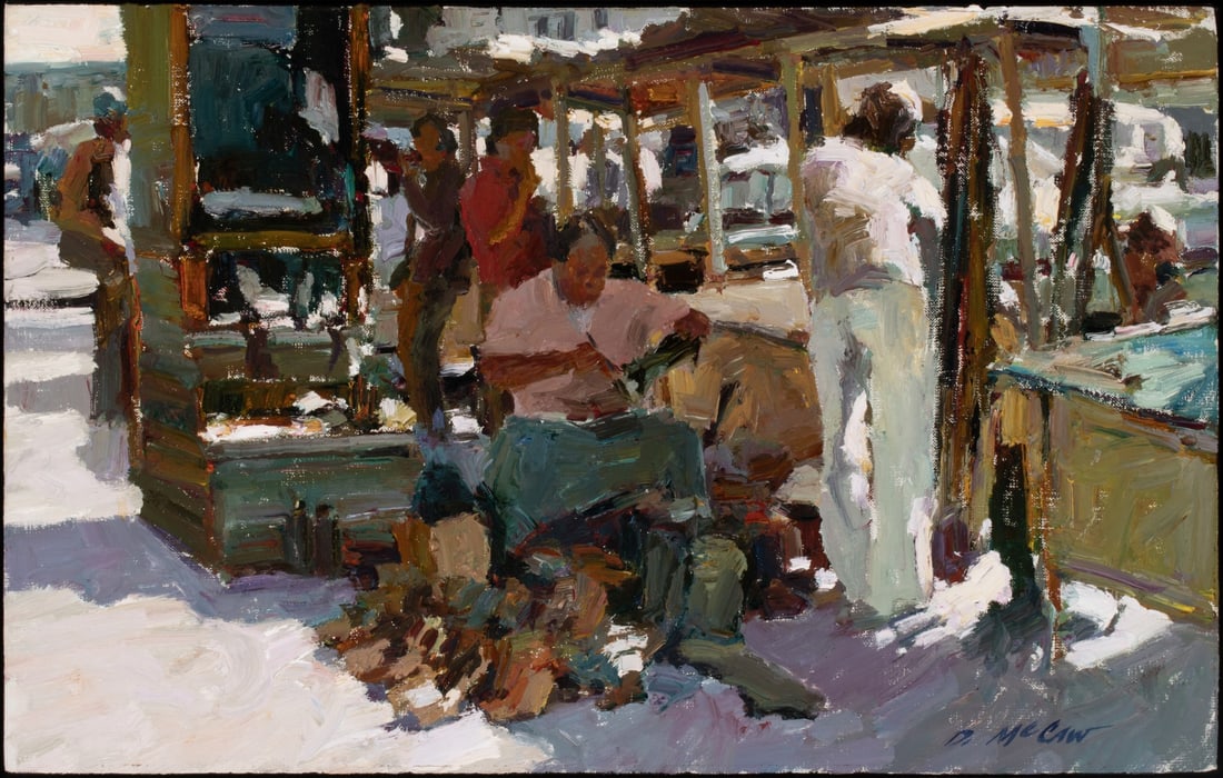 DAN McCAW (BORN 1942) OPEN AIR MARKET OIL ON MASONITE: Dan McCaw (Born 1942) Untitled (Street Cobbler) Late 20th Century The impressionist composition of a bootmaker in an open air market is signed lower right. An elevated highback chair is seen behind hi