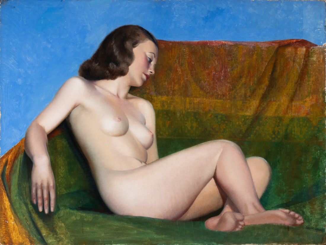 RAYMOND EASTWOOD (1898-1987) RARE NUDE STUDY: Raymond J. Eastwood (1898-1987) Edith Circa 1945 A rare departure from his signature Cape Cod seascapes, this painting is one of the first known examples of a Raymond Eastwood composition to feature a