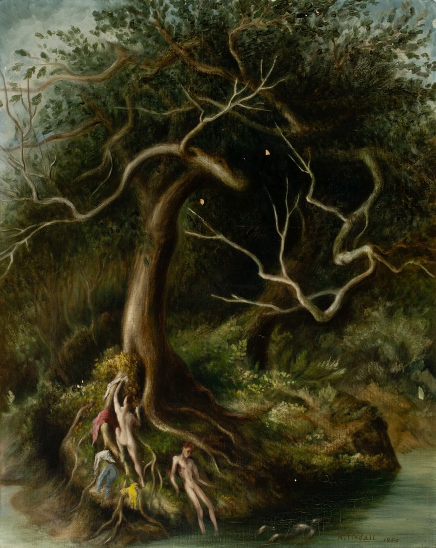 ROBERT TINDALL (1913-1983) OIL ON CANVAS: Robert Elton Tindall (Independence, Mo. 1913-1983) Untitled 1950 The fantasy vision of male bathers below an animated twisting tree is signed and dated lower right. Robert Tindall studied with Thomas
