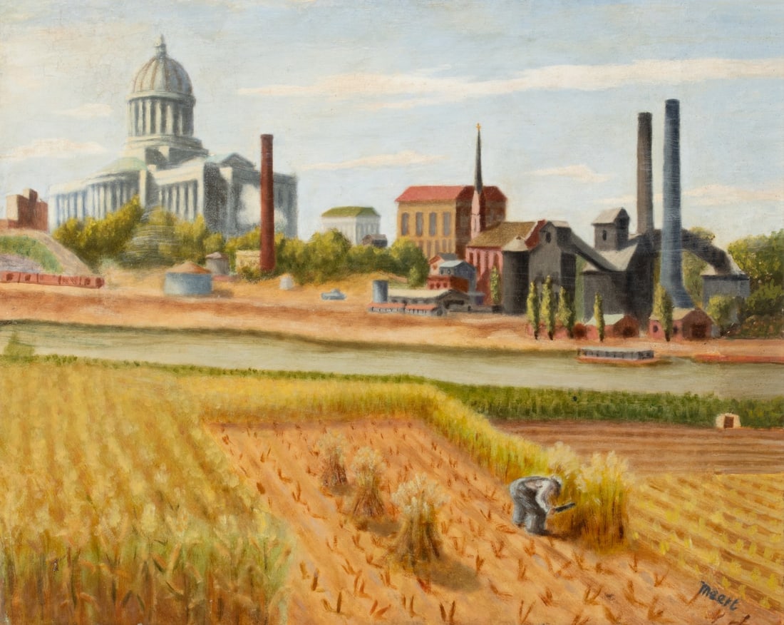 JOSEPH MEERT (1905-1990) 1930s VIEW OF MISSOURI CAPITOL: Joseph Meert (1905-1990) Jeff City (The Missouri State Capitol) Circa 1938 The view of Missouri's State Capitol from across the river is signed lower right and titled verso. Drawing on the visual lang