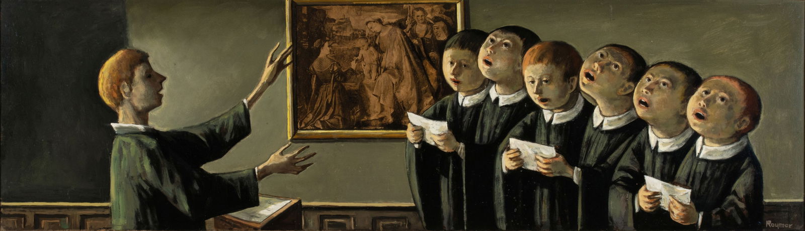 LESTER RAYMER (1907-1991) RARE WORK OF MIXED MEDIA: Lester Wilton Raymer (1907-1991) Rehearsal 1966 The oil on Masonite, incorporating a sepia tone collotype print after Girolamo Romanino's 14th century painting The Mystic Marriage of St. Catherine, is