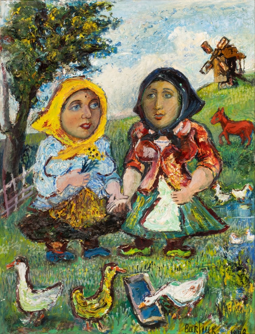 DAVID BURLIUK (1882-1967) 'PEASANT GIRLS' OIL 1948: David Davidovich Burliuk (Ukrainian 1882-1967) Peasant Girls 1948 The definitive David Burliuk composition on board is signed and dated lower right front. It includes, in this case, geese and the scul