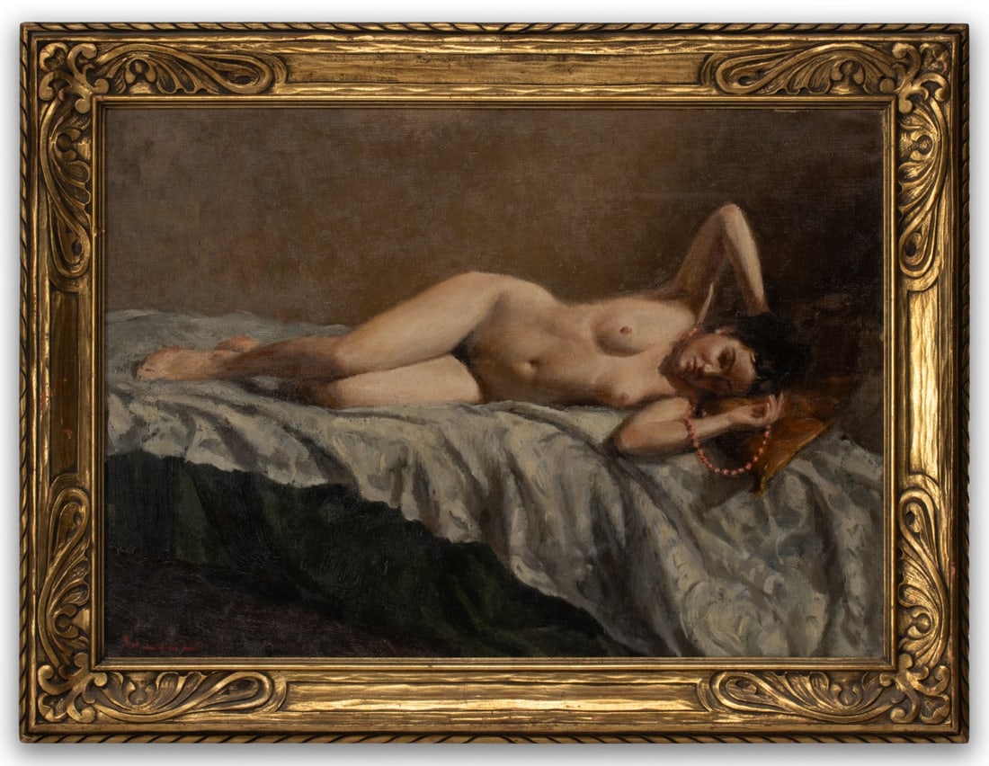 UNIDENTIFIED EARLY 20C. RECLINING NUDE OIL ON CANVAS: The oil on canvas if fine custom frame is illegibly signed lower left. Canvas measures 19.25 x 27.25with a framed size of 24.75 x 32.75 inches. Provenance: The Collection of Daniel and Annie Merriam,