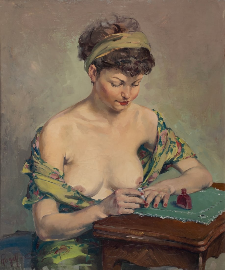 ROGER ALLAIN (1920-1992) OIL ON CANVAS: Roger Allain (France - Texas, 1920-1992) Untitled Nude Study Mid 20th Century Signed lower left. Canvas measures 21.75 x 18.25 with a framed size of 31 x 27 inches. The Online Payment Fee through this