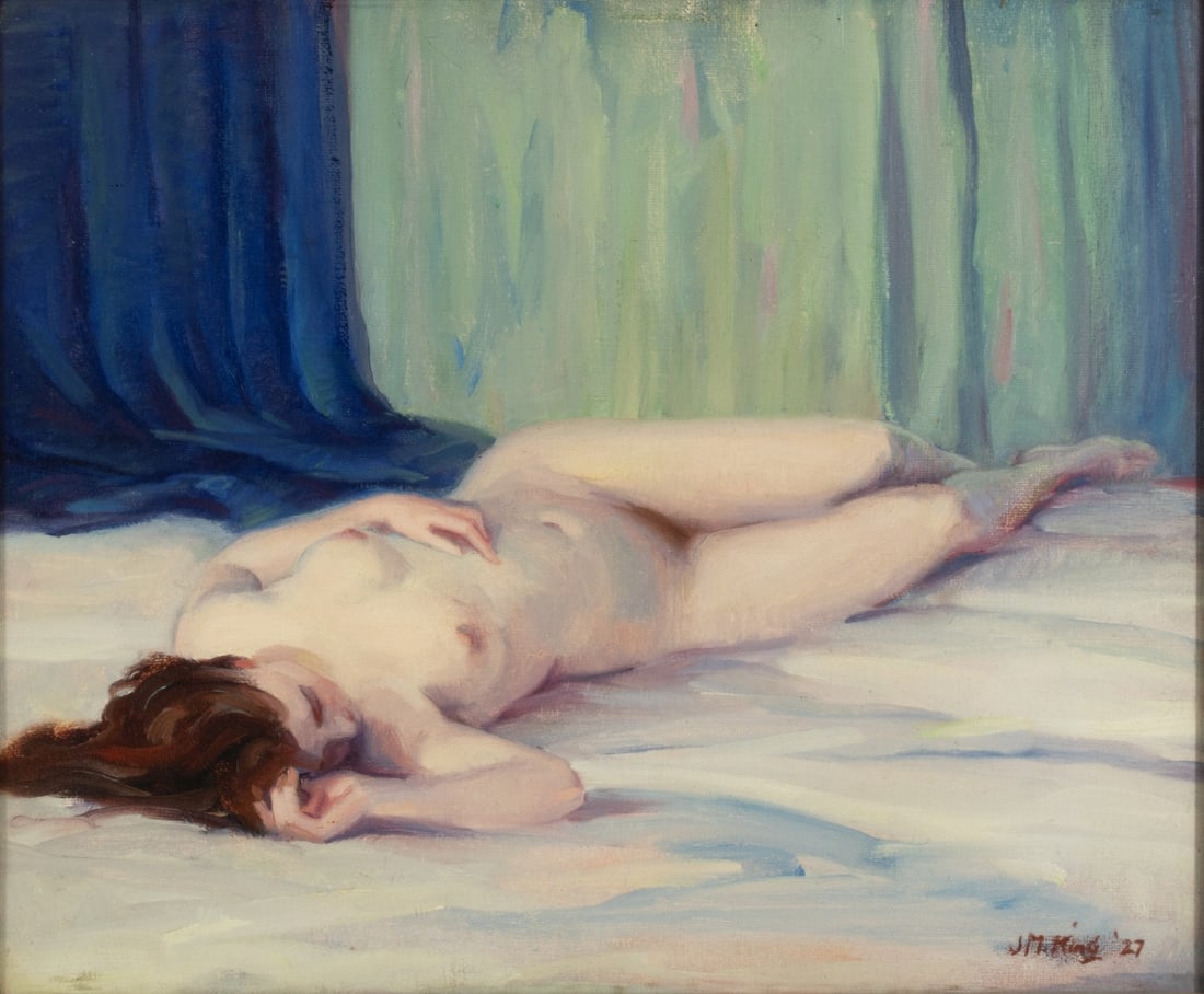 JOHN M. KING OIL EXHIBITED CINCINNATI MUSEUM ASSOC 1927: John M. King (1897-1977) Nude 1926-27 The oil on artist's canvas board is signed and dated lower right front, and further identified by an exhibition label form the Cincinnati Museum Association verso